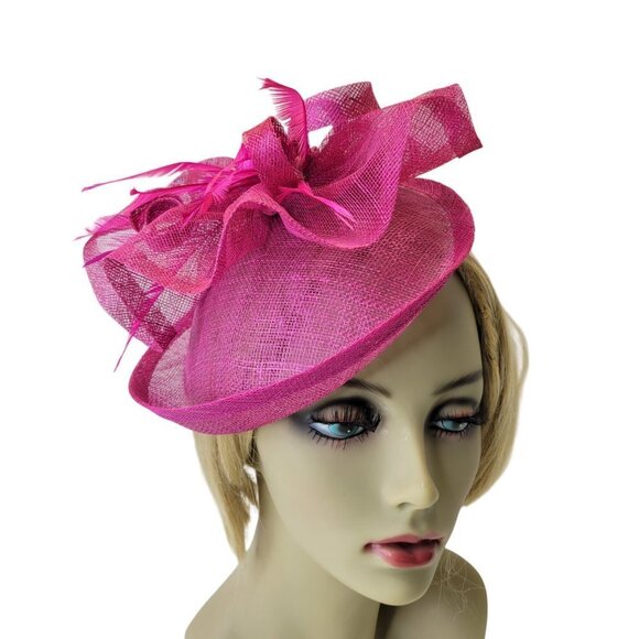 Magenta Purple Disc Fascinator with Upturned Brims Loops Bows and Feathers - Picture 3 of 14